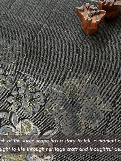 'Songs of a Vintage Spring' is our debut saree collection with the label Dhi. It is a celebration of sustainable craft, using 70+ year old teak blocks from our archive to create wearable art that tells a story of Bangalore's seasons.