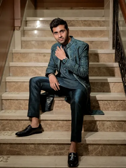 A relaxed yet stylish portrait of the groom seated on the marble steps. This pose is modern and confident, highlighting his sharp attire and accessories.