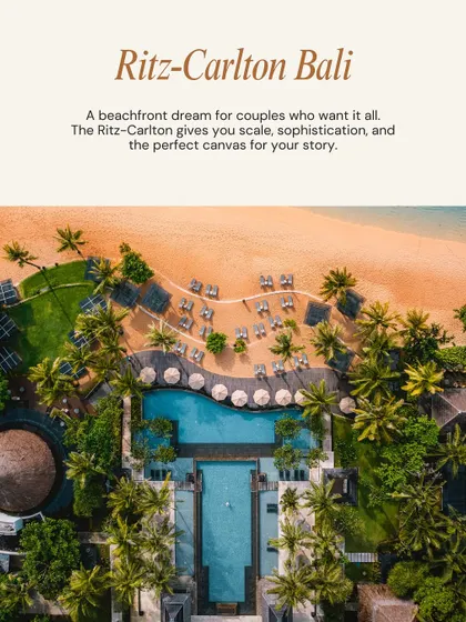 A top Bali venue: Ritz-Carlton Bali. A beachfront dream for couples who want it all. It provides scale, sophistication, and the perfect canvas for your story.