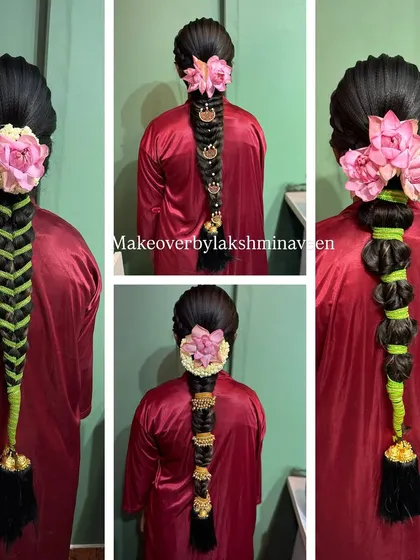 More variations of traditional bridal braids, showing different ways to incorporate flowers and accessories.