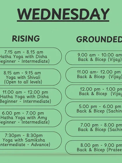 Find your mid-week motivation with our Wednesday schedule, featuring Hatha Yoga, Back & Bicep strength training, and advanced yoga.