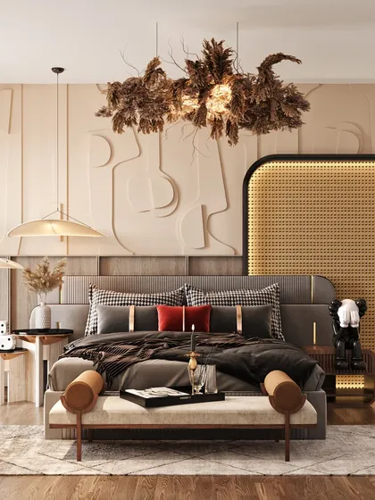 An artistic and eclectic master bedroom render with a custom 3D wall panel, unique pendant lights, and a backlit feature behind the bed.