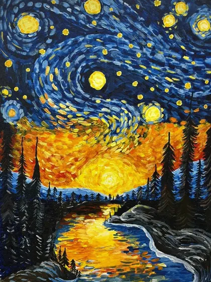 A stunning painting that combines the styles of Van Gogh's "The Starry Night" with a sunset landscape. This piece shows a deep understanding of impressionistic techniques and creative interpretation.