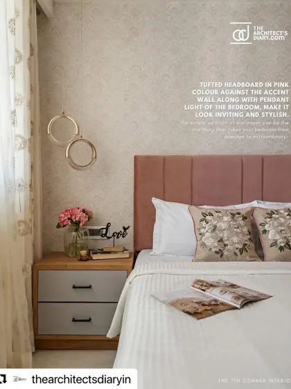The guest bedroom was featured for its inviting and stylish design, with a pink tufted headboard and chic pendant lights creating a cozy atmosphere.