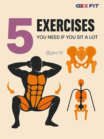 If you sit for long hours, your body compensates in ways that can lead to pain and stiffness. This graphic introduces five simple exercises I recommend to counteract the effects of a sedentary lifestyle by opening the hips, activating the core, and improving posture.