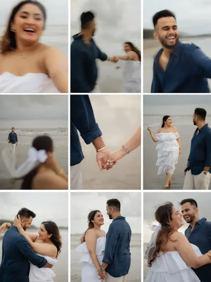 A collage of candid and joyful moments from a beach photoshoot in Alibaug. This grid shows the fun, movement, and laughter we aim to capture, telling the story of a perfect day by the sea.
