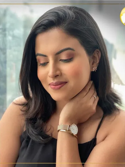 Another angle of the soft glam look, showing how it enhances the features from every side. The blush is blended seamlessly for a natural flush of color.