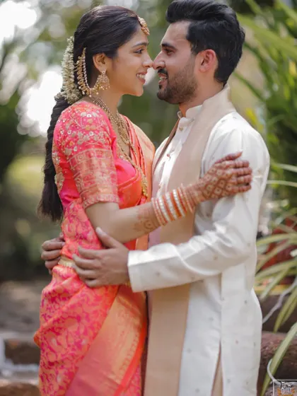 An intimate portrait of a couple during their Mehndi ceremony in Goa.