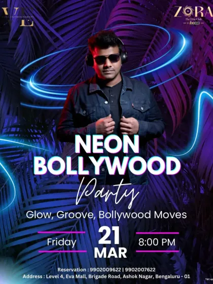 My Neon Bollywood parties are a crowd favourite. This poster for my gig at Zora Club shows the vibe I create: a mix of high-energy Bollywood tracks, commercial hits, and a full neon glow setup that lights up the night.