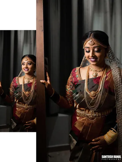 An elegant portrait of the bride in her traditional wedding saree, captured in a quiet moment.