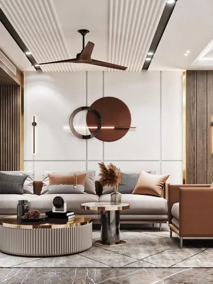 This render focuses on the sofa and accent wall, which features modern circular art pieces and integrated wall sconces.