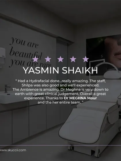 "Had a Hydrafacial done...really amazing." A five-star review from our client Yasmin Shaikh. She praises the amazing staff, the welcoming ambiance, and my clinical judgment, highlighting the great overall experience we strive to provide for everyone.