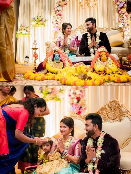 A collage of the engagement ceremony, focusing on the beautifully decorated idols and the couple's happy expressions.