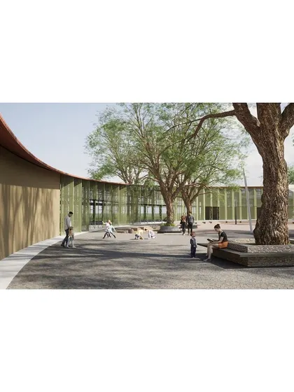 A ground-level view within the reimagined palace grounds. The design carefully preserves existing trees, making them focal points within new public plazas and walkways.