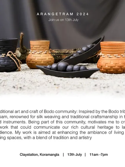 Bhubneswar, a design student inspired by Assam’s lush landscapes and tribal heritage, showcases his work at Arangetram. His collection is inspired by the Bodo tribe, blending traditional art and craft with modern aesthetics to create pieces for living and dining spaces.