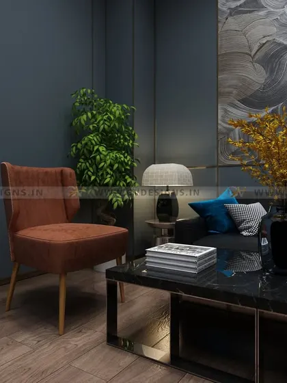 This cozy sitting area is perfect for intimate conversations. We paired a plush lounge chair with a deep-cushioned sofa and a marble-finish coffee table, using a dark, moody color palette to create a sophisticated and relaxing corner.