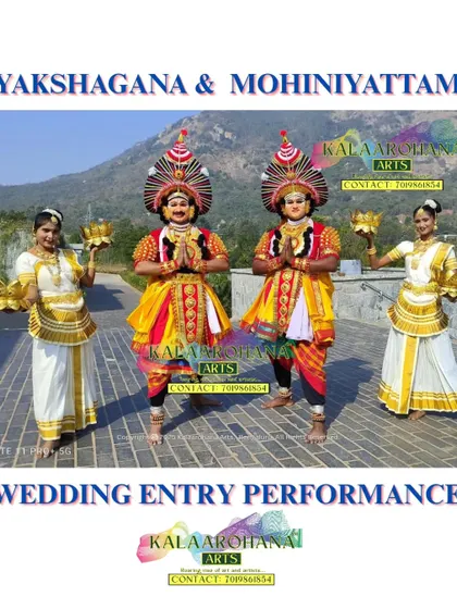 We create truly unique wedding entrances by combining different art forms. Here, the grandeur of Yakshagana performers meets the grace of Mohiniyattam dancers holding traditional lamps, offering a breathtaking welcome for the couple and their guests.