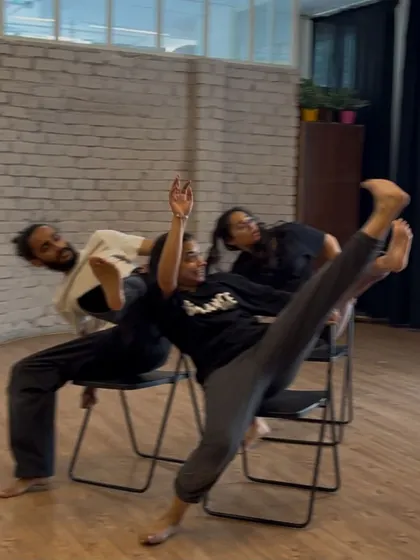 A dynamic pose from our X-Sense course, which blends contemporary dance technique with dance-theatre choreography. We train you to use your body with intention and grace.