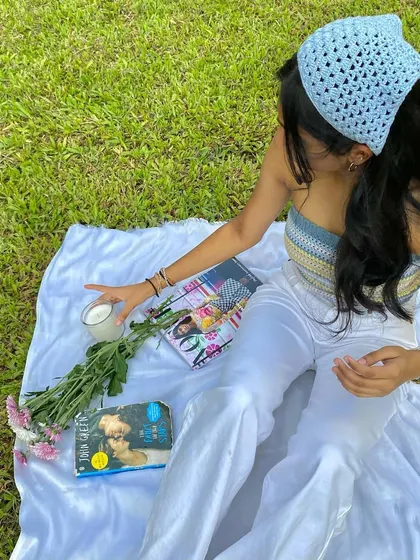 Creating a dreamy picnic scene with our custom tube top and bandana. All our pieces are designed to be mixed and matched.