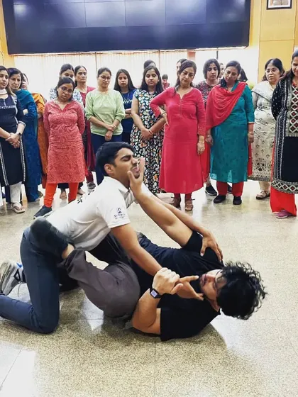 Here, I am demonstrating a ground defense technique to a women's self-defense workshop. Learning how to defend yourself when you are on the ground is a critical survival skill that I teach to all my students, regardless of their size or strength.