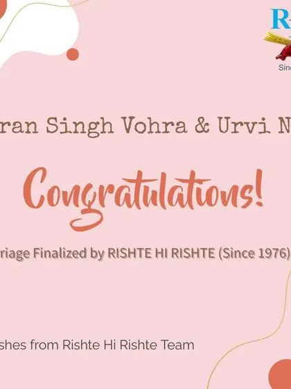 We congratulate Simran Singh Vohra and Urvi Negi on their marriage. Another successful match made possible by our dedicated team.