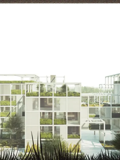 The modular grid of Pixel Housing is visible in this view, showcasing the prefabricated construction system designed for efficiency and quality.