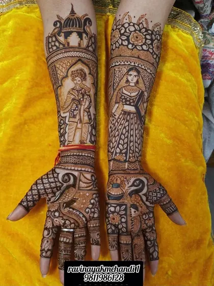 A classic take on the portrait mehndi. The bride and groom figures are drawn in a traditional style, surrounded by peacock motifs and intricate patterns that cover the hands and arms.