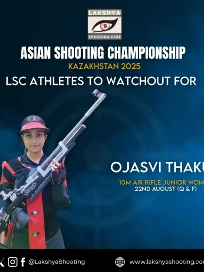 Our athlete Ojasvi Thakur, another one of our rising stars, ready to take on the competition in the 10m Air Rifle Junior Women event in Kazakhstan.
