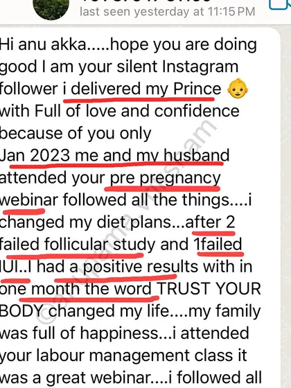 After 2 failed follicular studies and 1 failed IUI, this student's life was changed by the words "TRUST YOUR BODY". She conceived naturally within a month of attending my webinar.