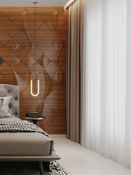 A full view of the bedroom with the 3D wood-paneled wall. The tufted headboard, modern pendant light, and soft drapery complete this elegant and thoughtfully designed sleeping space.