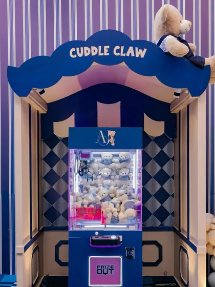 An interactive "Cuddle Claw" machine filled with small teddy bears, providing a fun, on-theme activity and party favor for the children.