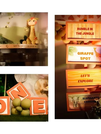 Details from our jungle safari party, including a giraffe cake topper, themed directional signs like 'Rumble in the Jungle', and custom 'ONE' blocks for a first birthday celebration.