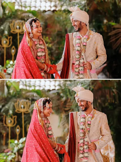 A collage showing the happy and playful interactions between the couple during their wedding ceremony.