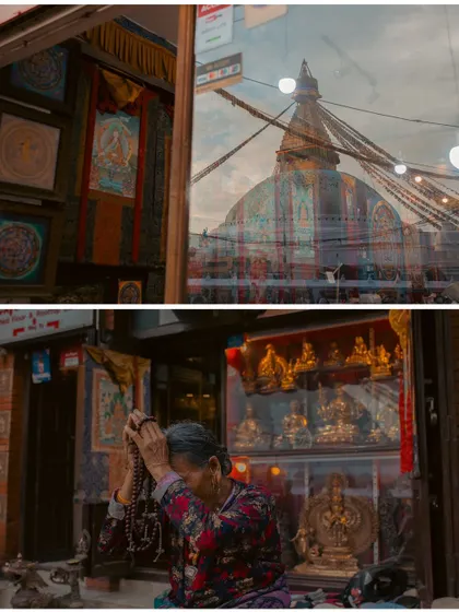 A diptych of reflections and devotion in Kathmandu. The top shows the Boudhanath Stupa reflected in a shop window, and the bottom shows a woman praying with beads.