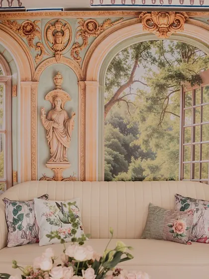 Another view of the lounge area, showing the elegant sofas and floral-printed cushions that add to the soft, romantic garden theme.