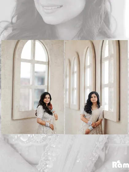 A creative collage of the bride's portraits, with a faded close-up of her smile overlaid on the main images, adding an artistic touch.