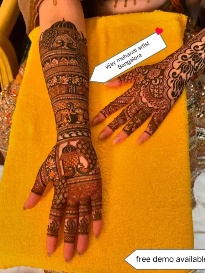 A beautiful bridal design with full coverage on one arm and a complementary pattern on the other hand. This style is great for showing off the intricate details of the main design.