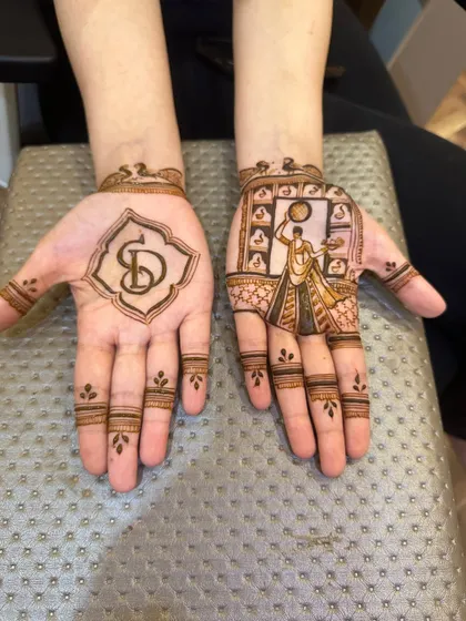 A simple Karwa Chauth design with the couple's initials and a woman figure.