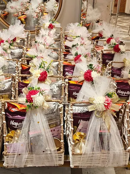 No party is too big! This image shows a large order of custom return gift baskets ready for a special event. I can handle bulk orders with the same care and attention to detail, ensuring every single guest feels appreciated.