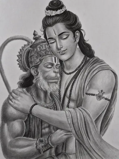 A touching portrait of Lord Ram and his devotee Hanuman, showing a moment of divine connection and love.