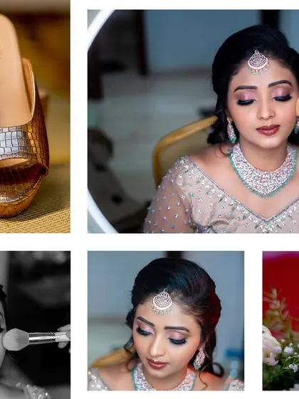 This collage captures the bride's getting-ready details, including her platform heels, a new watch, and close-ups of the makeup application process.