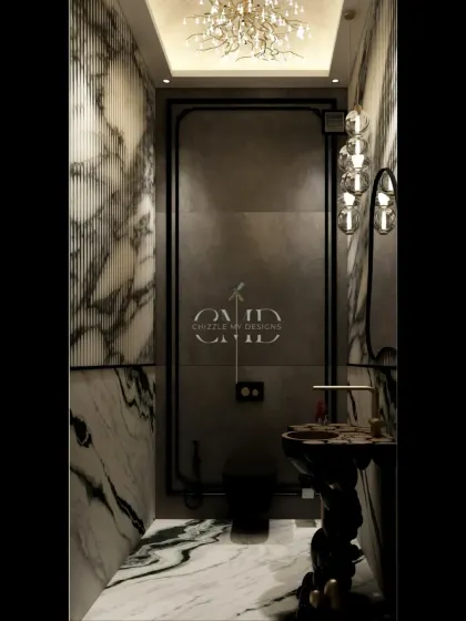 Another view of the dramatic powder room, highlighting the fluted marble accent wall and modern globe lighting fixtures.