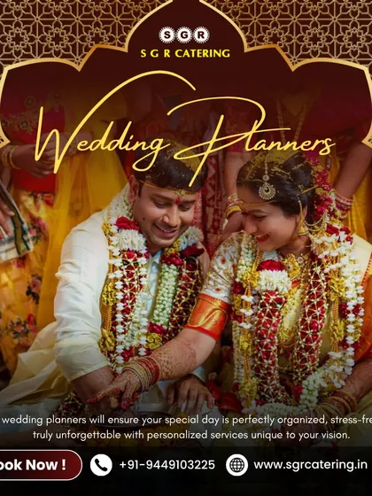 A happy couple shares a joyful moment during their South Indian wedding ceremony. We manage every detail of the event, from coordinating traditional rituals to ensuring the celebration flows perfectly, allowing you to focus on what truly matters.