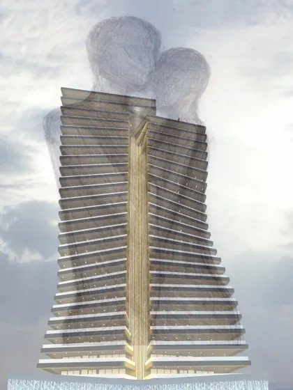 This conceptual rendering for the Embrace Tower visualizes our ambition to create iconic urban structures. The design is inspired by a warm embrace, with flowing curves that connect life and style, creating a dynamic presence on the city skyline.