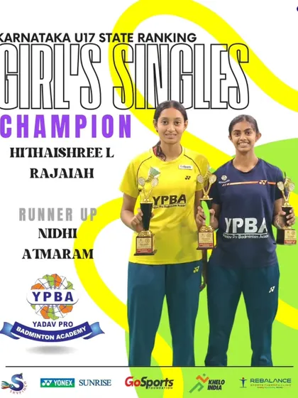 Our academy dominated the U17 Girl's Singles at the Karnataka State Ranking, with Hithaishree L Rajaiah as Champion and Nidhi Atmaram as Runner-up.