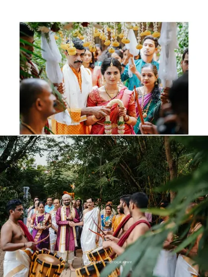 A collage showing the bride's and groom's processions, complete with traditional drummers.