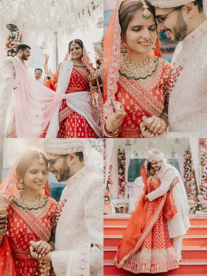 A collage of joyful and emotional moments from a Sindhi wedding ceremony, from the bride's entry to the couple's embrace.