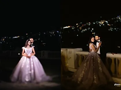 A diptych collage of a couple at night, with the city lights creating a beautiful bokeh effect, showcasing our low-light photography skills.