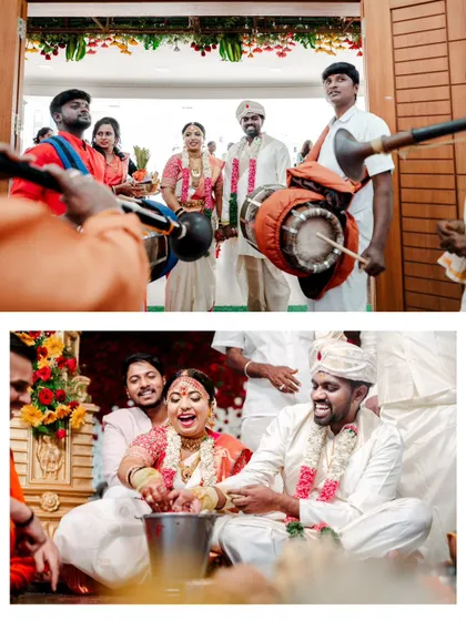 A collage of candid moments from a wedding ceremony, including the grand entrance with traditional drummers and a playful ritual.