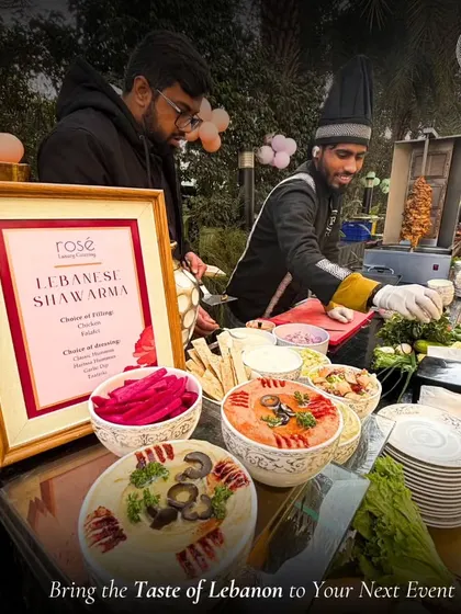We bring the authentic flavors of the Middle East to your event with our Lebanese Shawarma station. Our chef carves tender, marinated chicken while guests customize their wraps with fresh salads, pickles, and sauces like hummus and toum.